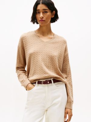 pull en maille torsadée de laine mélangée beige pour femmes tommy hilfiger