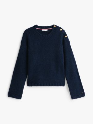 blue textured knit button shoulder jumper for women tommy hilfiger