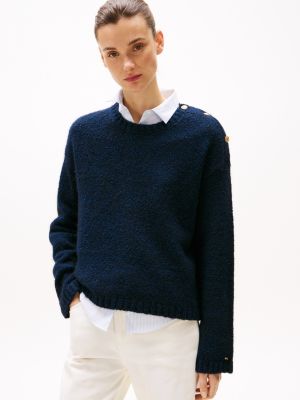 blue textured knit button shoulder jumper for women tommy hilfiger