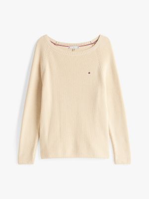 beige fijngebreide trui met boothals voor dames - tommy hilfiger