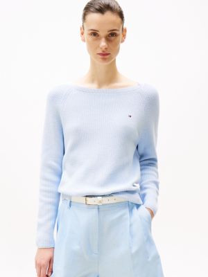 blau feinstrick-pullover mit u-boot-ausschnitt für damen - tommy hilfiger