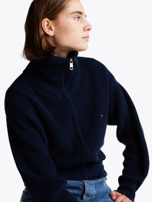 blau reißverschluss-sweatshirt mit perlfangmuster für damen - tommy hilfiger