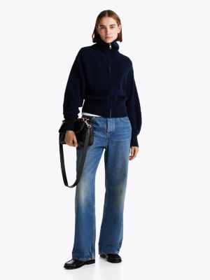 blau reißverschluss-sweatshirt mit perlfangmuster für damen - tommy hilfiger