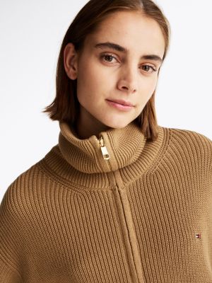 braun reißverschluss-sweatshirt mit perlfangmuster für damen - tommy hilfiger