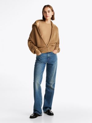 braun reißverschluss-sweatshirt mit perlfangmuster für damen - tommy hilfiger