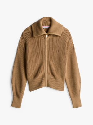 braun reißverschluss-sweatshirt mit perlfangmuster für damen - tommy hilfiger