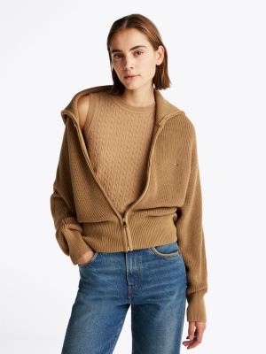 brown reißverschluss-sweatshirt mit perlfangmuster für damen - tommy hilfiger