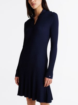 blau mini-strickkleid mit zopfstrickmuster für damen - tommy hilfiger