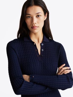 blau mini-strickkleid mit zopfstrickmuster für damen - tommy hilfiger