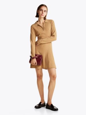 beige mini-polokleid mit zopfstrickmuster für damen - tommy hilfiger