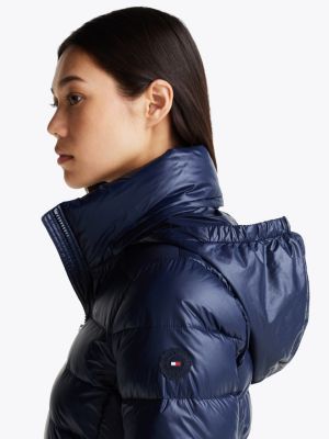 blue lightweight down glossy puffer jacket for women tommy hilfiger