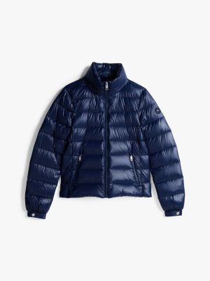 blue lightweight down glossy puffer jacket for women tommy hilfiger