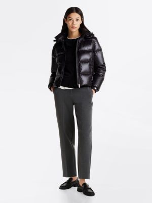 schwarz hochglanz-puffer-jacke mit daunen und kapuze für damen - tommy hilfiger