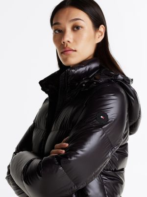 black high-shine hooded down puffer jacket for women tommy hilfiger