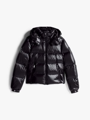 schwarz hochglanz-puffer-jacke mit daunen und kapuze für damen - tommy hilfiger