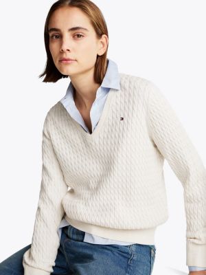 weiß zopfstrick-pullover mit v-ausschnitt für damen - tommy hilfiger