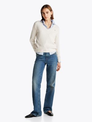 white cable knit v-neck jumper for women tommy hilfiger