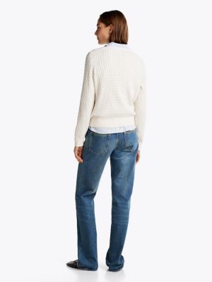 white cable knit v-neck jumper for women tommy hilfiger