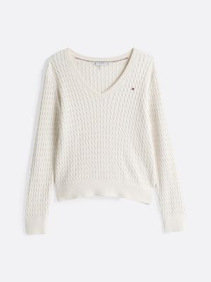 weiß zopfstrick-pullover mit v-ausschnitt für damen - tommy hilfiger