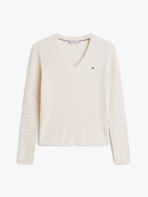 beige fijn kabelgebreide slim-fit trui voor dames - tommy hilfiger