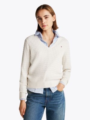 weiß zopfstrick-pullover mit v-ausschnitt für damen - tommy hilfiger