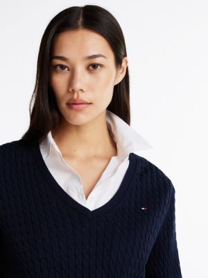 pull en maille torsadée col en v bleu pour femmes tommy hilfiger