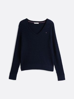 pull en maille torsadée col en v bleu pour femmes tommy hilfiger