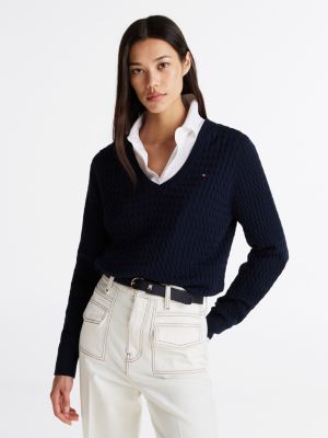 pull en maille torsadée col en v blue pour femmes tommy hilfiger