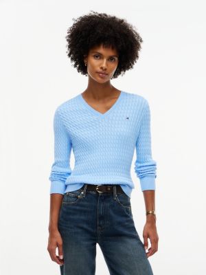 blue fine cable knit slim jumper for women tommy hilfiger