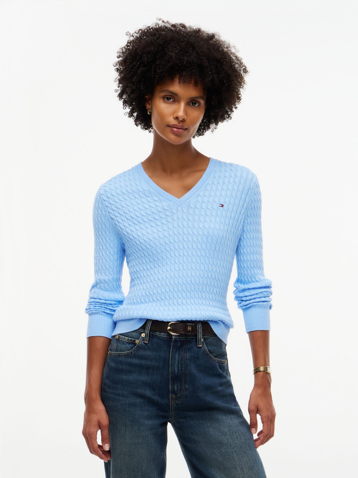 Fine Cable Knit Slim Jumper — Blue
