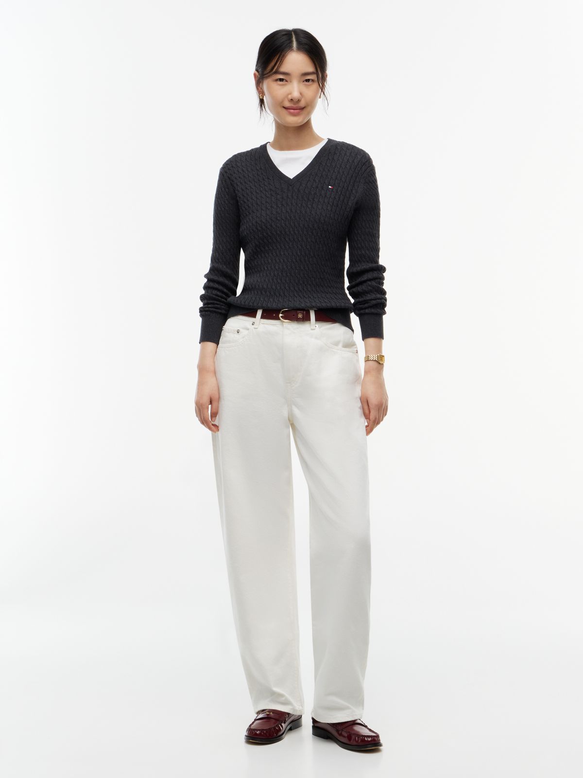 Fine Cable Knit Slim Jumper — Grey