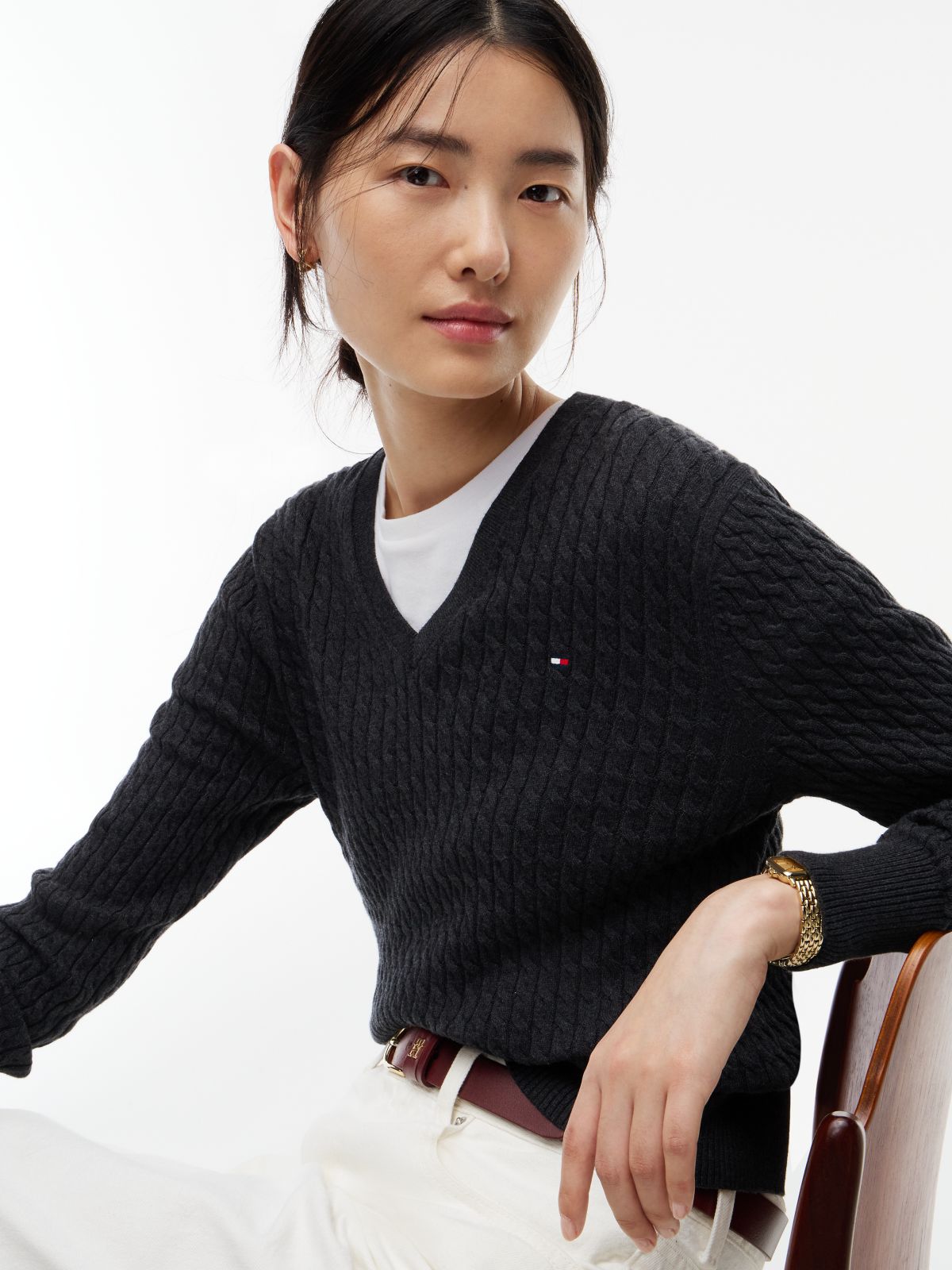 Fine Cable Knit Slim Jumper — Grey