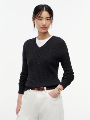 pullover a v in maglia fine intrecciata grey da donne tommy hilfiger