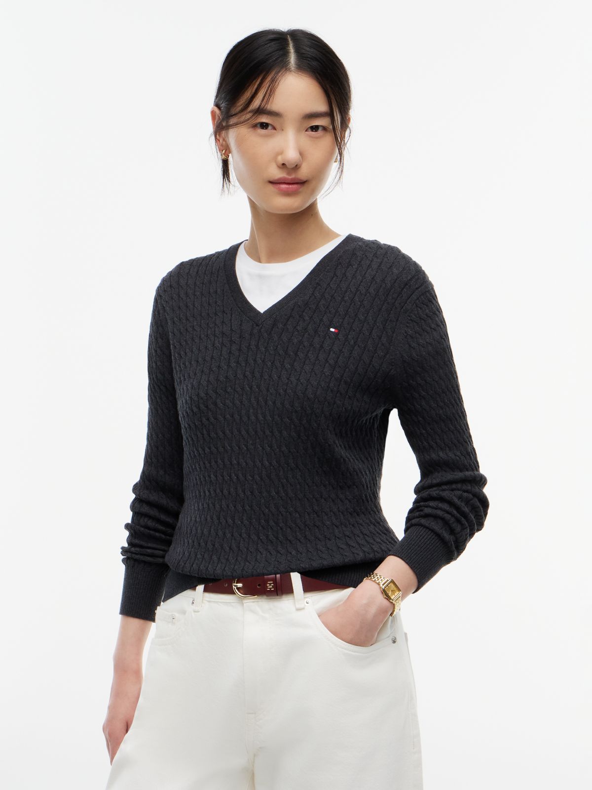 Fine Cable Knit Slim Jumper — Grey