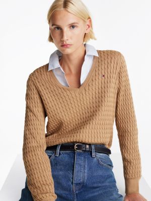 pull en maille torsadée col en v marron pour femmes tommy hilfiger