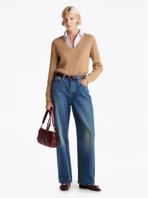 brown cable knit v-neck jumper for women tommy hilfiger