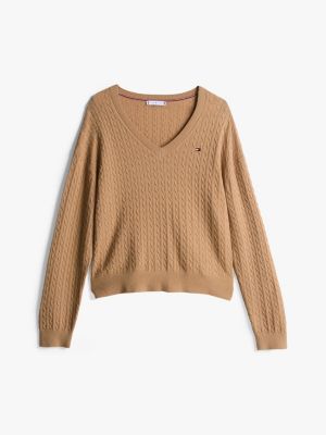 braun zopfstrick-pullover mit v-ausschnitt für damen - tommy hilfiger