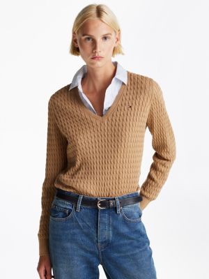 braun zopfstrick-pullover mit v-ausschnitt für damen - tommy hilfiger