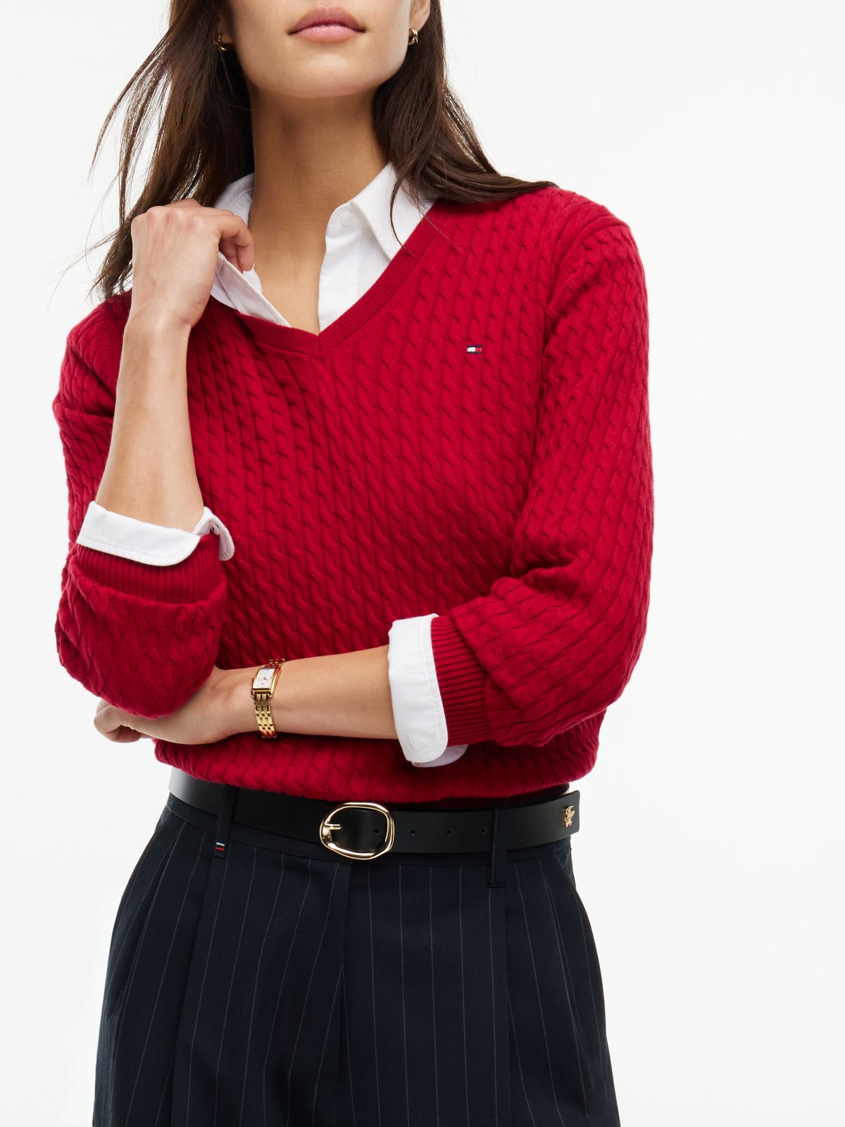 Fine Cable Knit Slim Jumper — Red