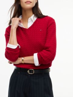 Fine Cable Knit Slim Jumper — Red 3