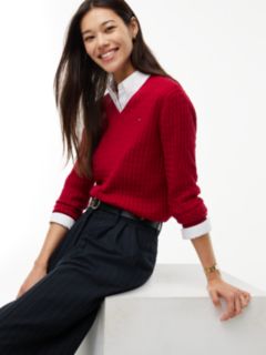 Fine Cable Knit Slim Jumper — Red 4