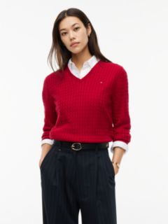 Fine Cable Knit Slim Jumper — Red 1