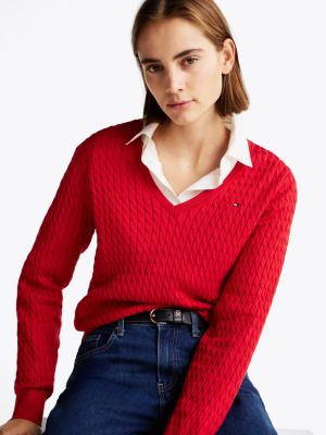 red cable knit v-neck jumper for women tommy hilfiger