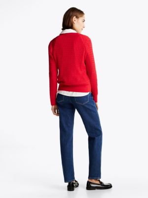 red cable knit v-neck jumper for women tommy hilfiger