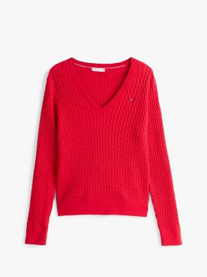 red cable knit v-neck jumper for women tommy hilfiger