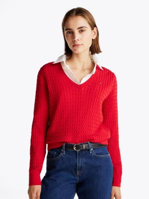 red zopfstrick-pullover mit v-ausschnitt für damen - tommy hilfiger