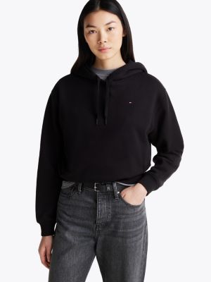 black hoodie aus terry mit breitem saum für damen - tommy hilfiger