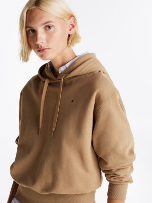 beige hoodie aus terry mit breitem saum für damen - tommy hilfiger