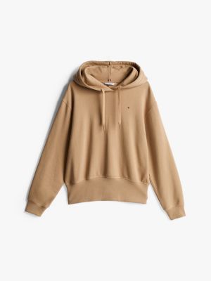 beige hoodie aus terry mit breitem saum für damen - tommy hilfiger