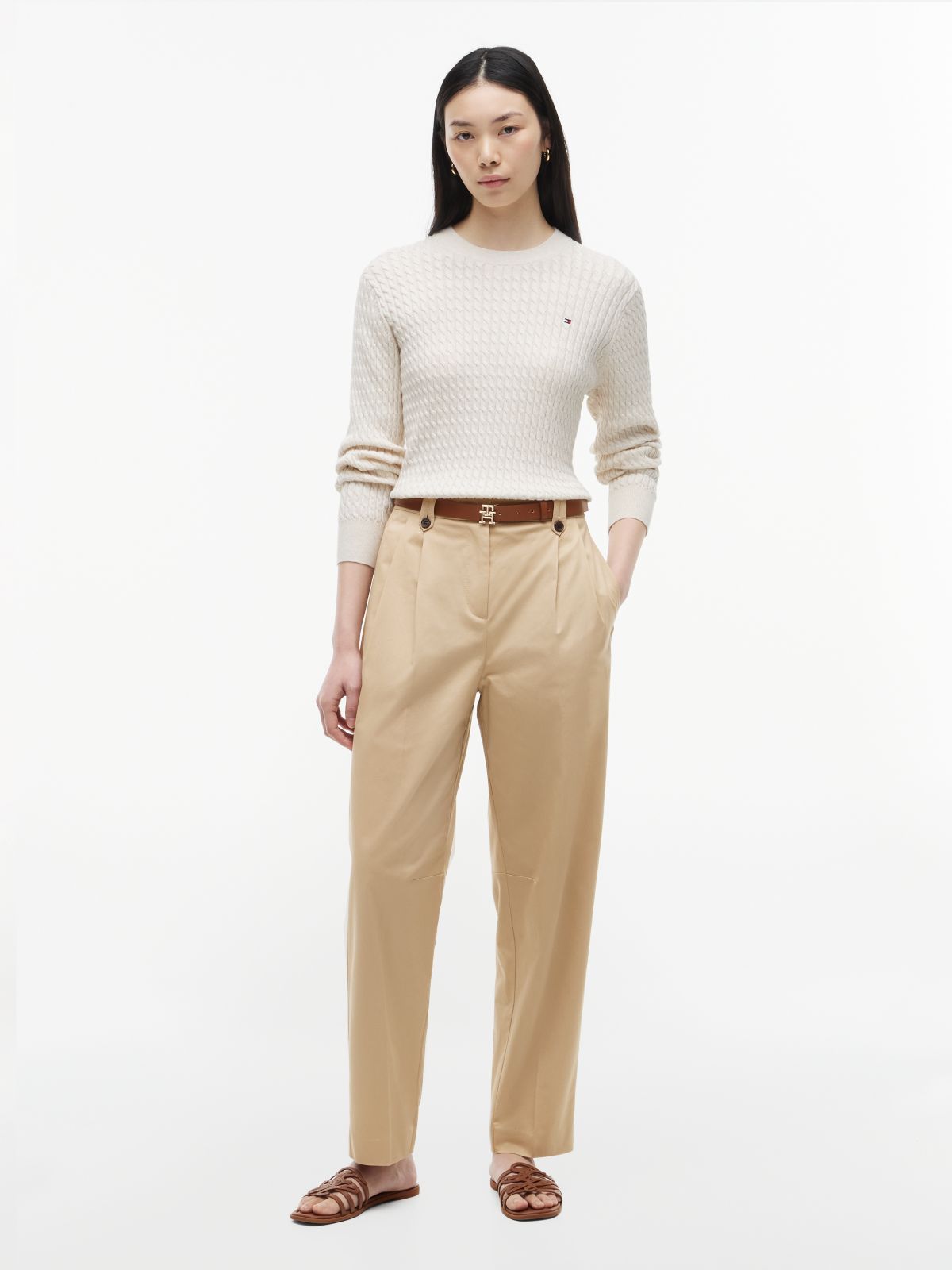 Fine Cable Knit Slim Jumper — Beige